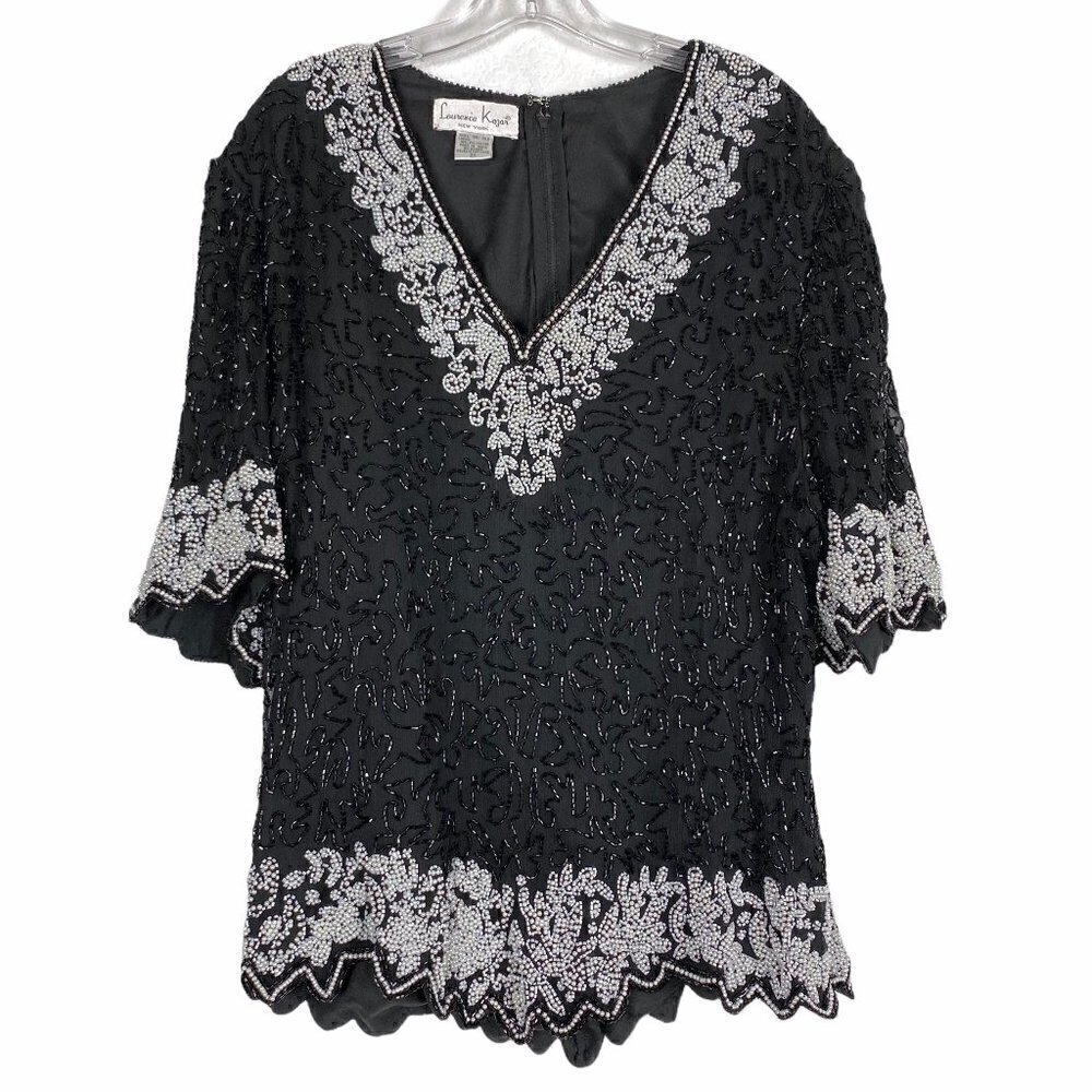 Vintage Beaded Top Blouse Black Silk Party Formal 1X